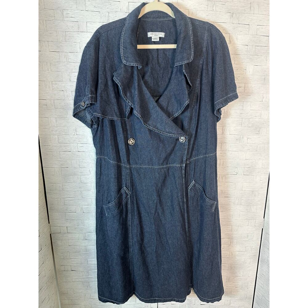 Liz Claiborne women’s denim dress‎ button front ruffles collar pockets plus size